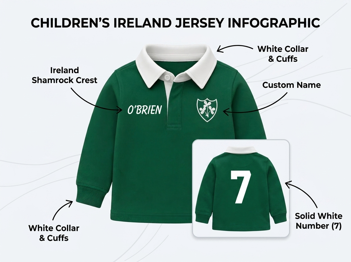 Children's Ireland jersey personalisation infographic showing name, crest and £6 back number