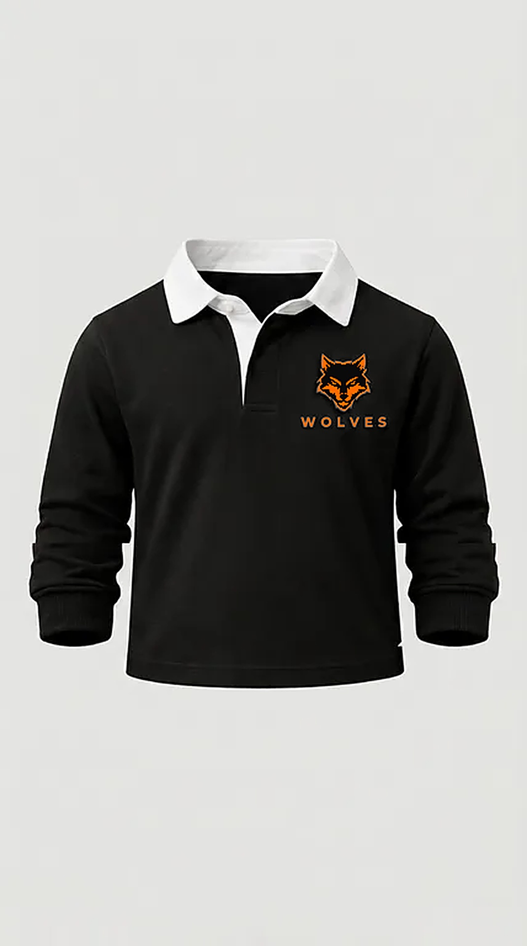 Kids black Wolves rugby jersey with orange and black wolf logo