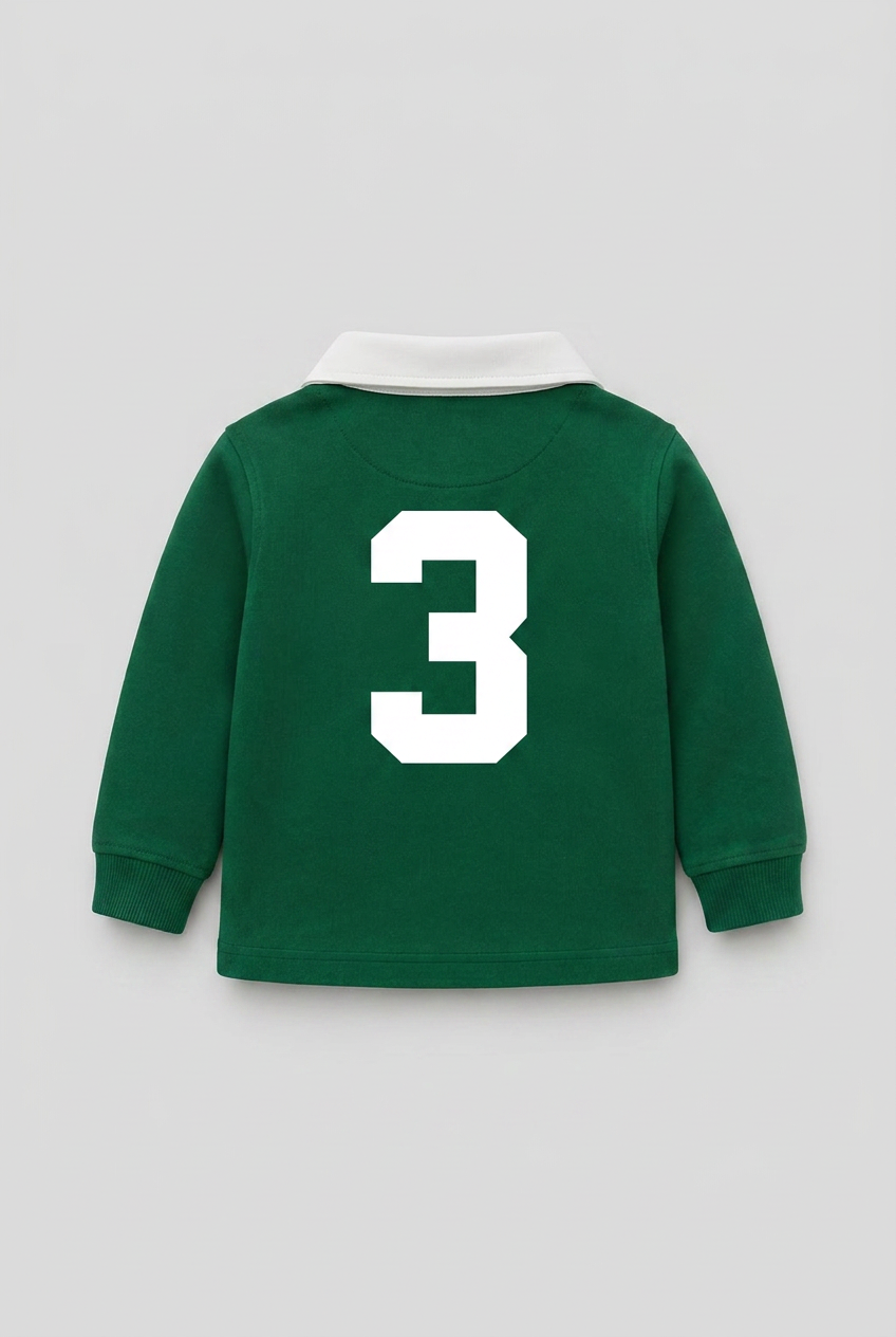 Back of a green kids football shirt with a large printed squad number 3
