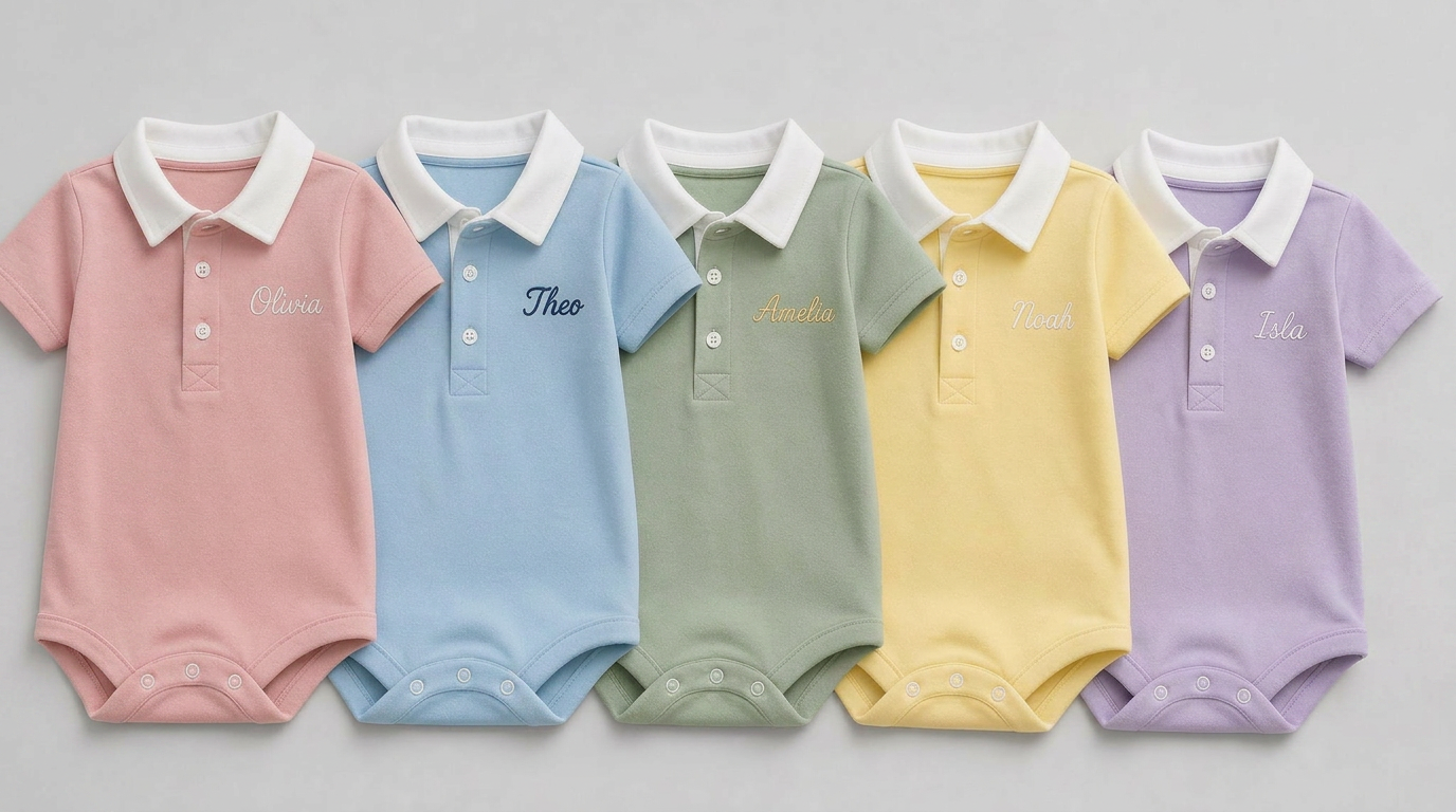 Pastel baby rugby-style grows with embroidered first names