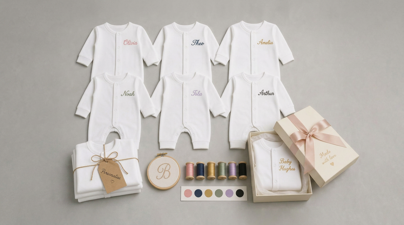 Personalised white baby grows with name embroidery