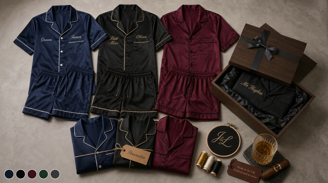 Stag, groom and birthday personalised men's satin pyjamas