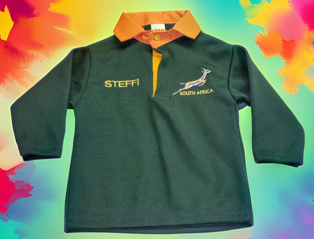 Green and gold South Africa retro rugby shirt with embroidered springbok crest
