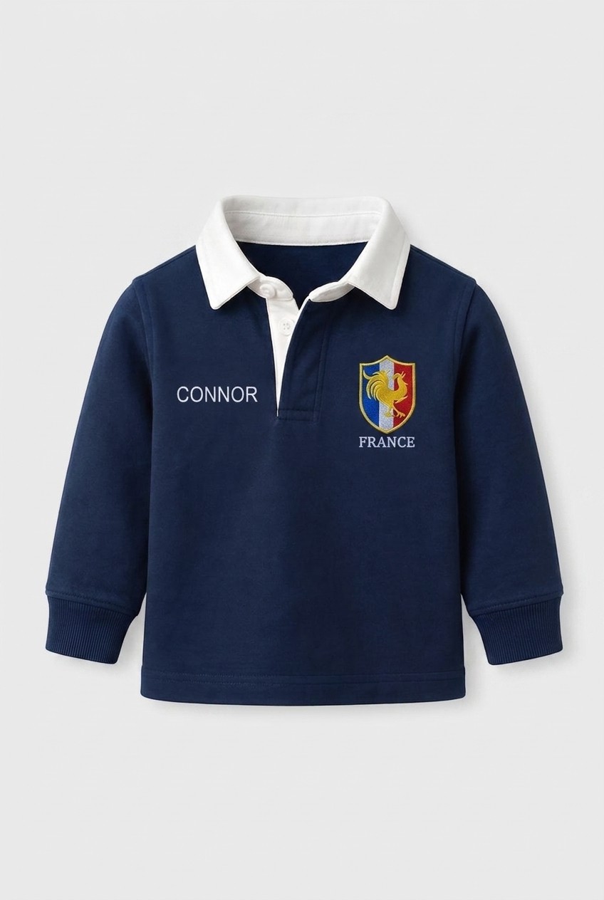 Children's France retro rugby shirt with embroidered cockerel crest