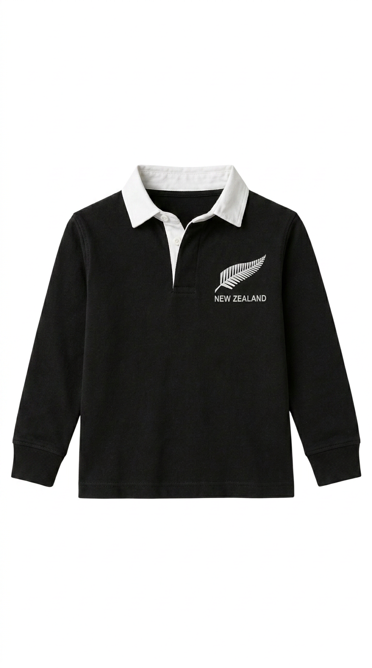 Children's New Zealand retro rugby shirt with embroidered fern crest