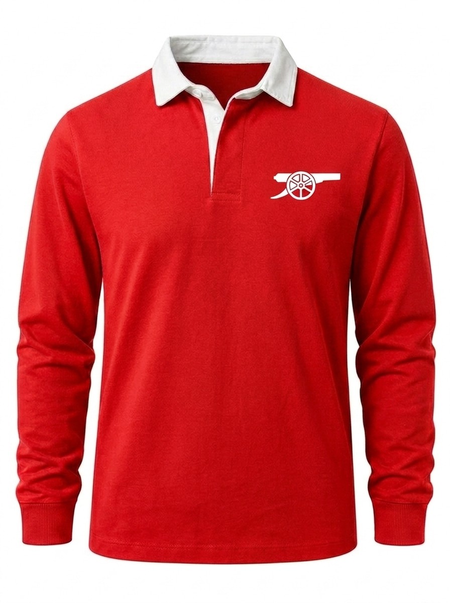 Red and white Arsenal retro rugby shirt with embroidered cannon crest