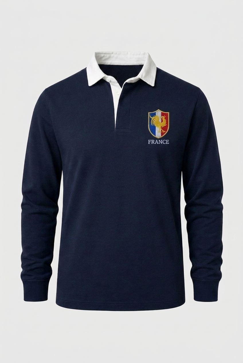 Blue France retro rugby shirt with embroidered cockerel crest