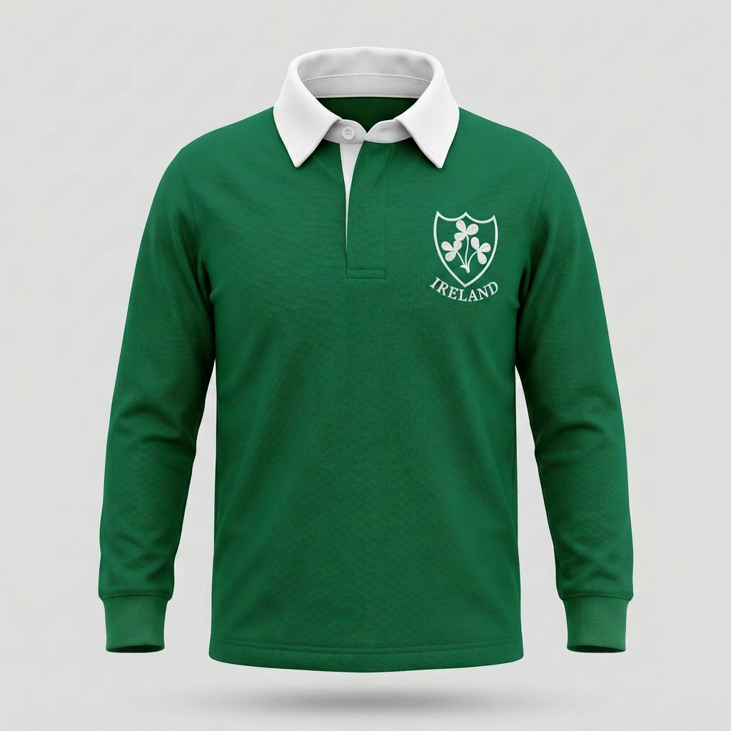 Green Ireland retro rugby shirt with embroidered shamrock crest