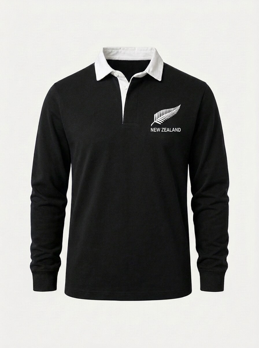 Black New Zealand retro rugby shirt with embroidered silver fern crest