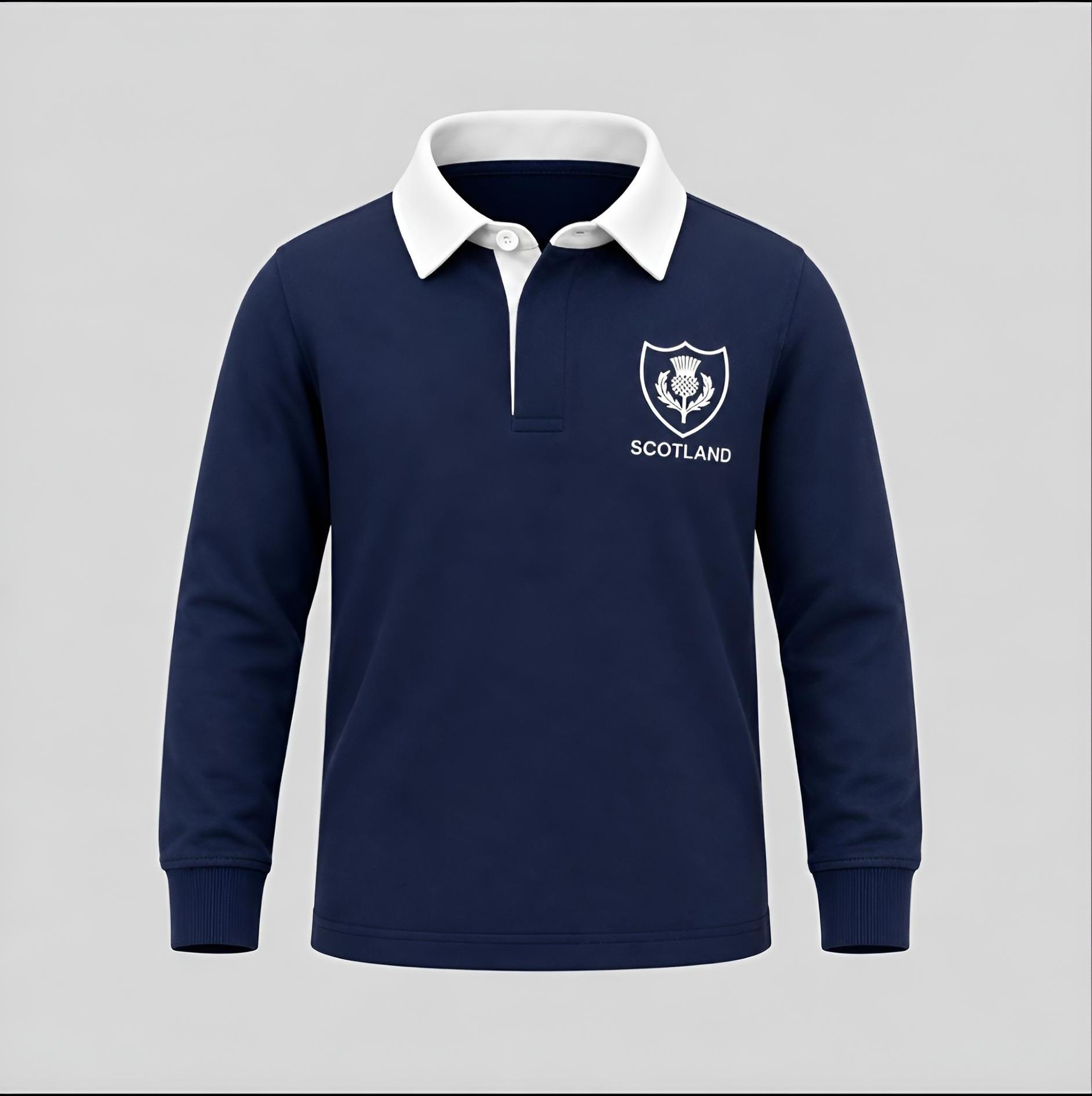 Navy Scotland retro rugby shirt with embroidered thistle crest