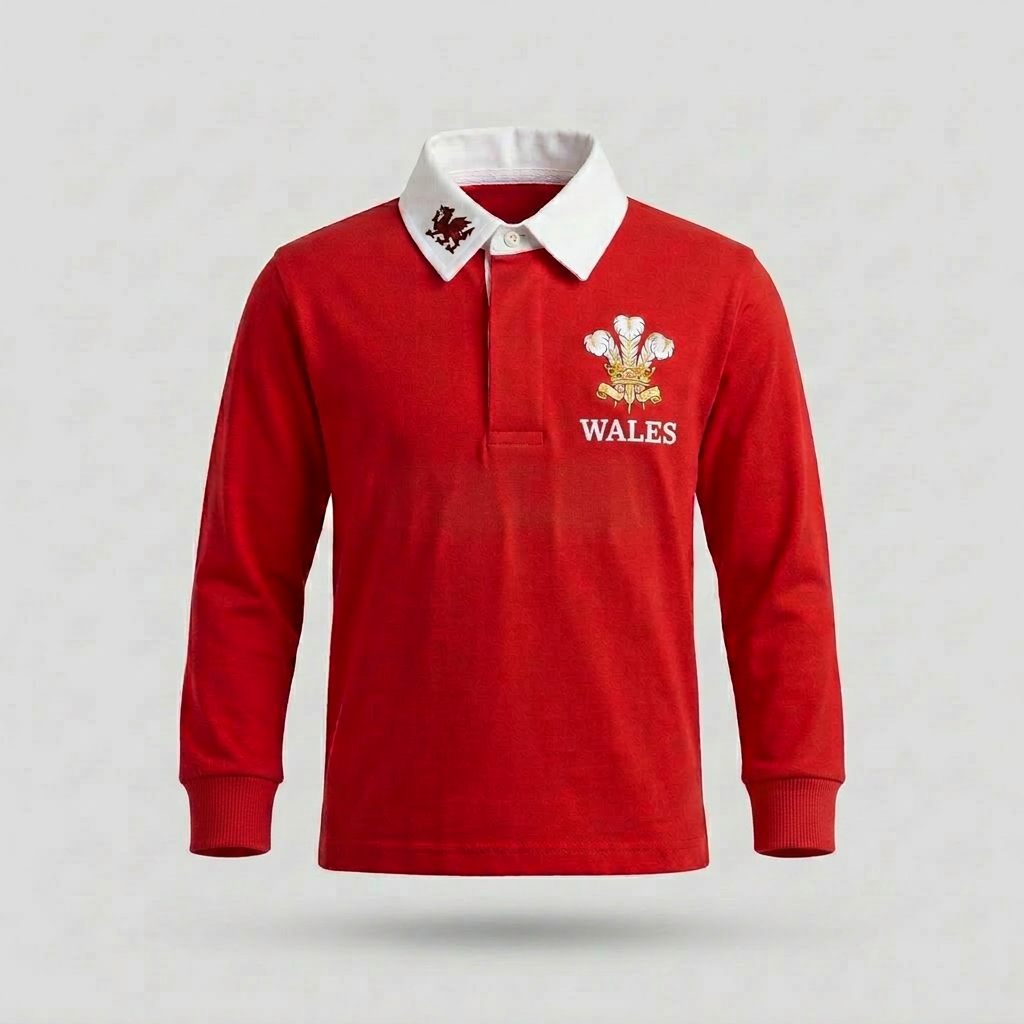 Deep red Wales retro rugby shirt with embroidered three-feathers crest